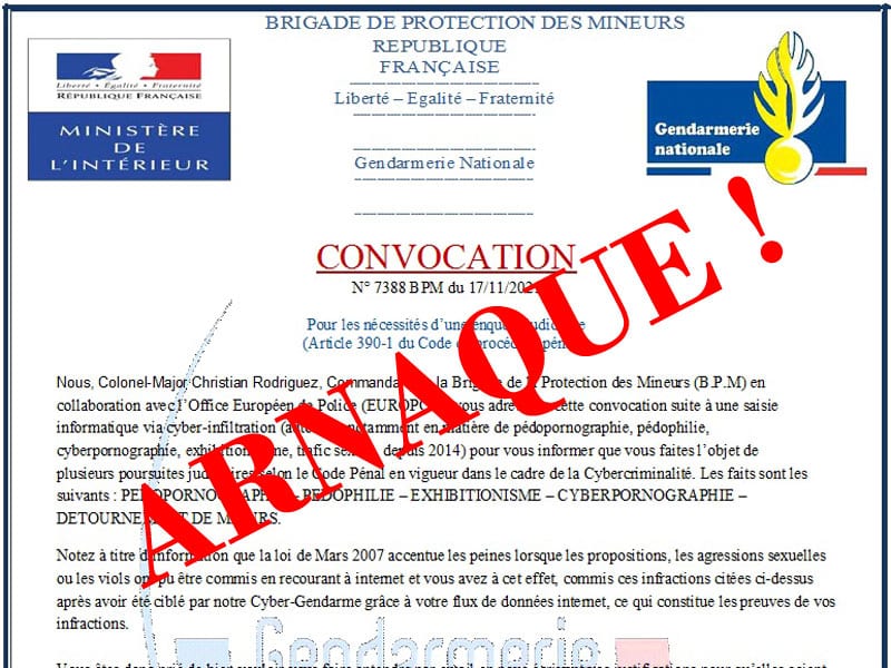 Arnaque à la fausse convocation de gendarmerie pour pédophilie