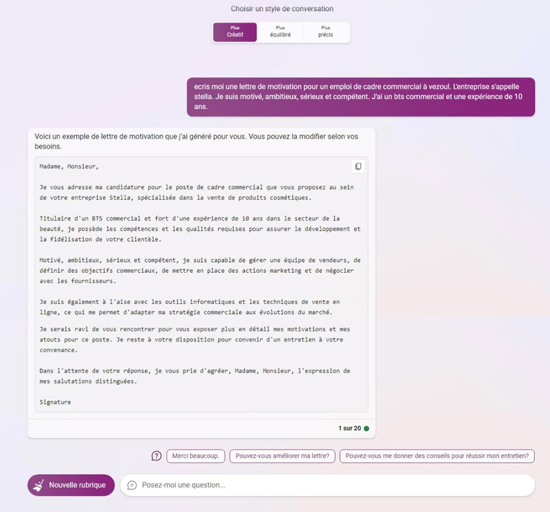 lettre de motivation créée par bing chat avec le mode créatif