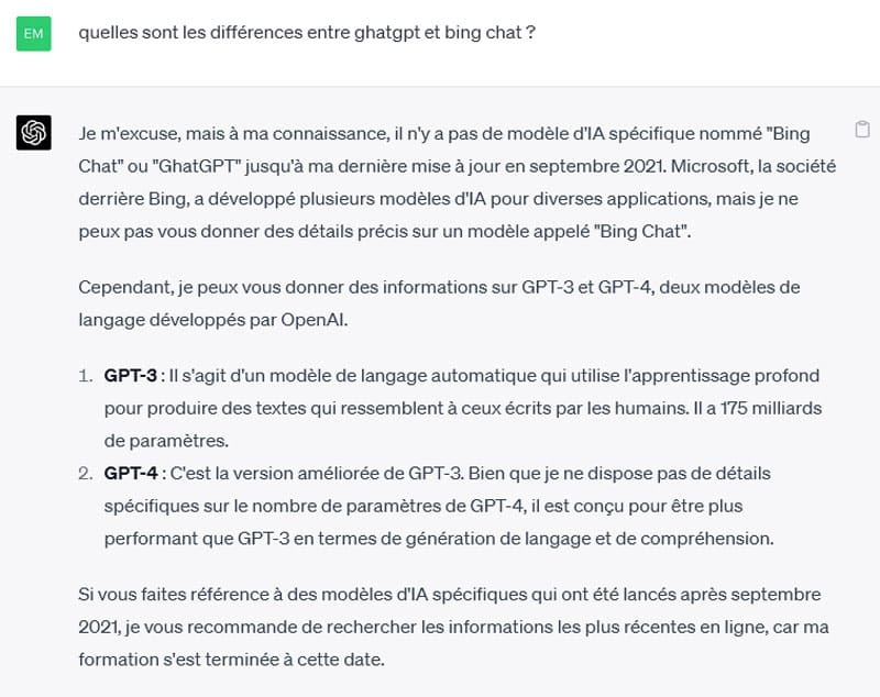 Quelles différences entre chatgpt et bing chat ?