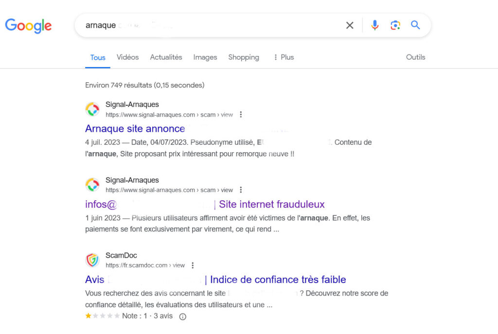 recherche google sur les faux sites de vente